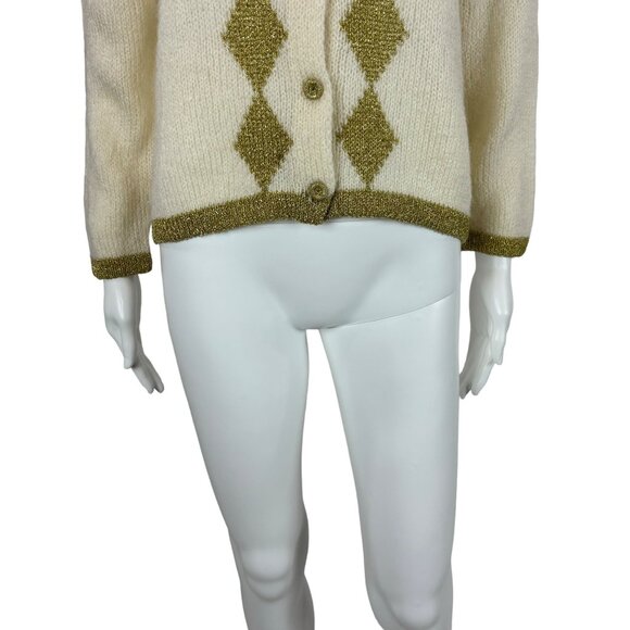 Vintage 80s Metallic Cardigan Women's Large Gold Harlequin Diamonds Sweater - Picture 5 of 8